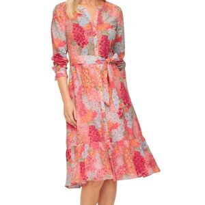 Talbots Shirt Dress Women's 18 Pink Retro Floral Belted Ruffle Cotton
